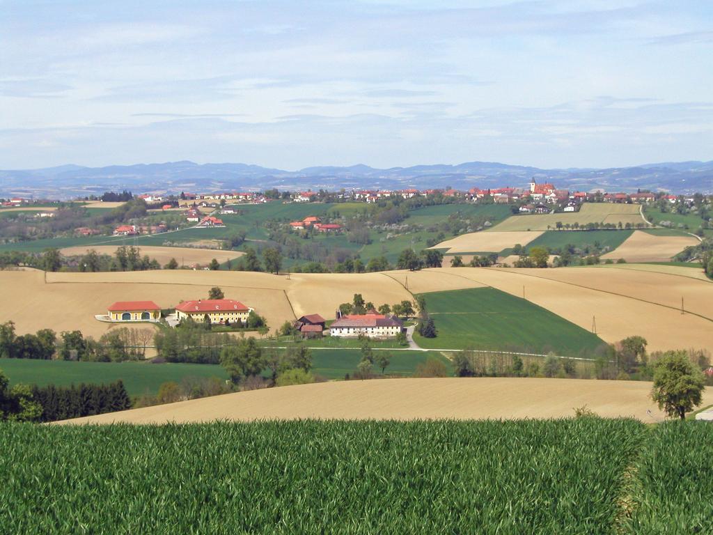 view of the Austrian contryside from a fast-food stop along the Autobahn