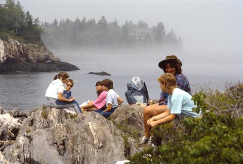 group lunch on a Beal Island canoe trip in Maine in August 1986