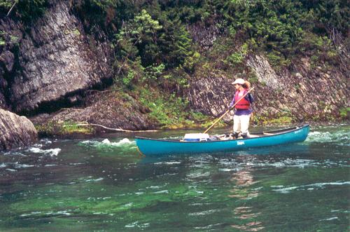 Pam canoeing on the Bonaventure River in Quebec in June 2001