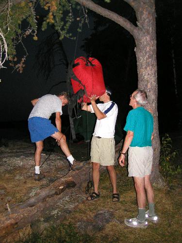 hanging our food bag at Quetico Park in Ontario, Canada, in September 2003