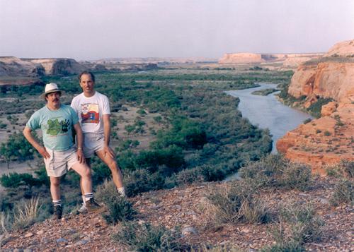 George and Fred on the canyon wall overlooking the San Juan River in Utah in May 1992