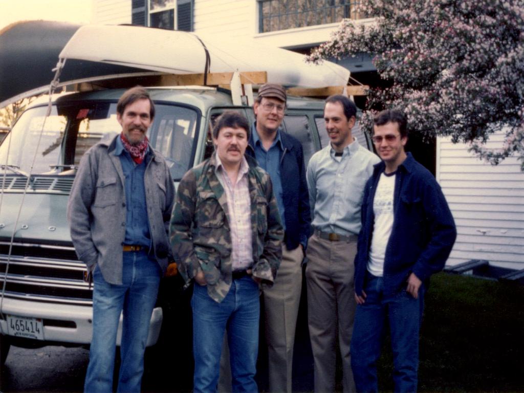 Jim, Don, Dick, Fred and Dave head out in May 1984 for a St John River canoe trip in northern Maine