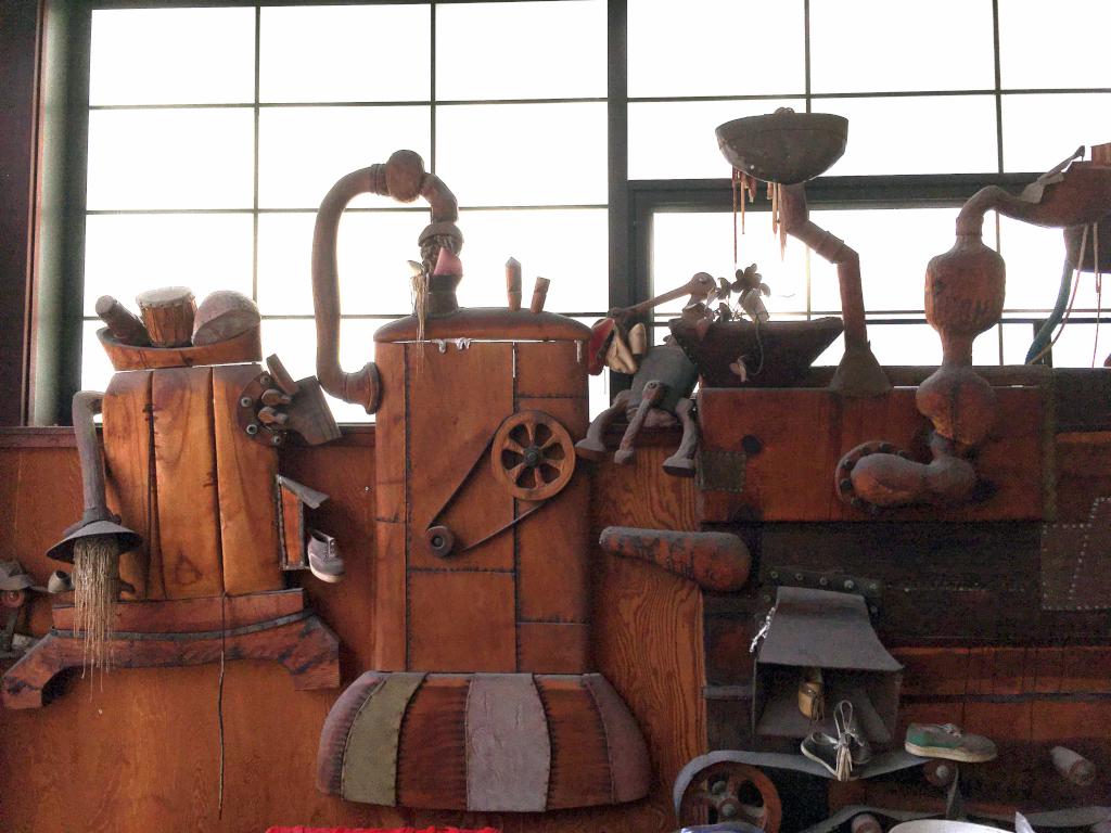 wooden modern-art sculpture inside the workshop at Andres Institute of Art in New Hampshire