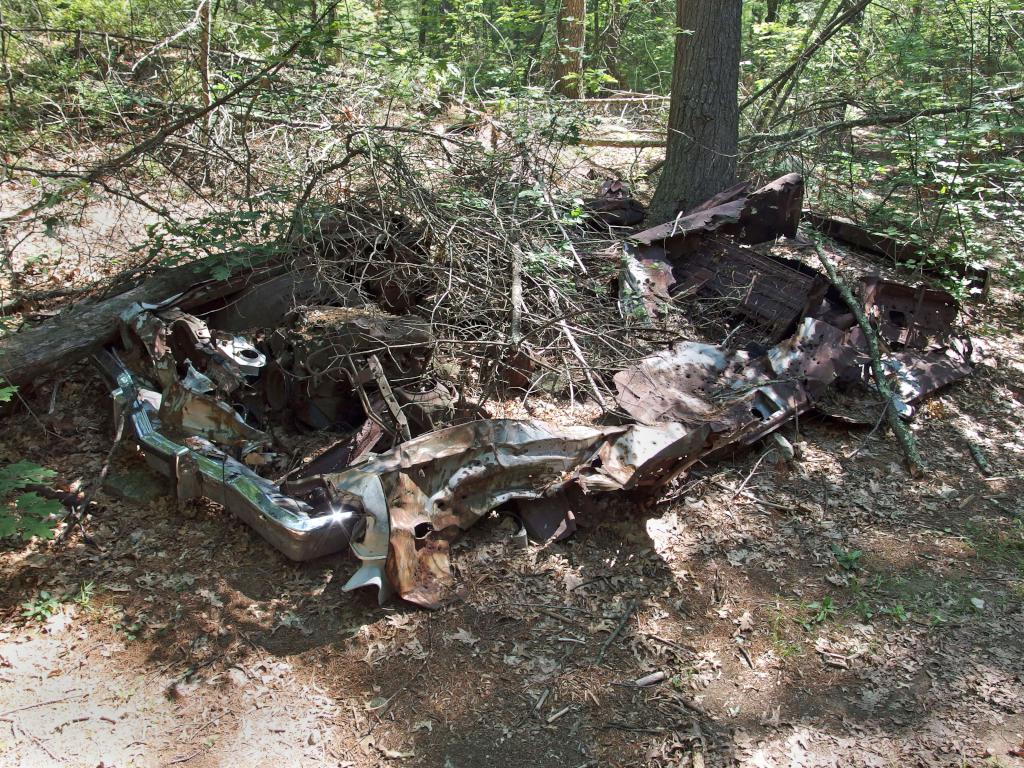 trashed car beside the trail in Boxford State Forest in northeastern Massachusetts