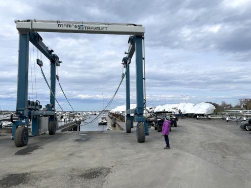 Andee in May beside the boat lift at Spring Point Marina beside Bug Light Park near Portland in southern Maine