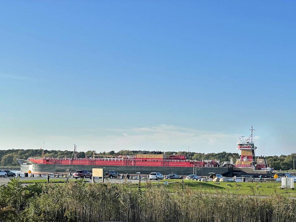 cargo ship in October beside the Cape Cod Canal Bikeway in eastern Massachusetts