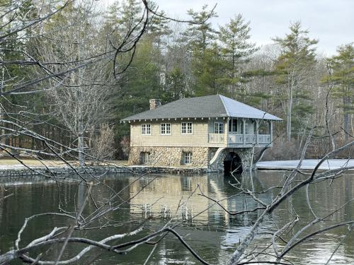 boat house in December on the pond beside Cunningham Pond Trail in southern NH