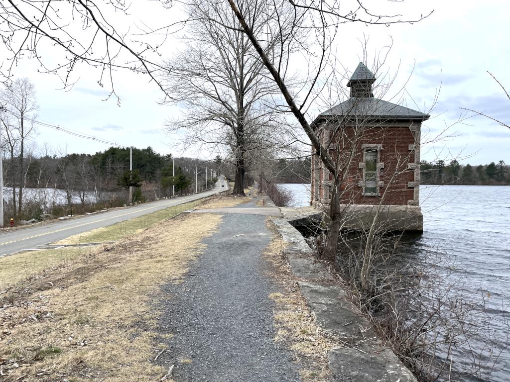 footbath in March across the Brockton Reservoir dam at D. W. Field Park in eastern Massachusetts