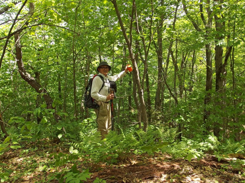 Dick checks the hiker-register canister on the summit of Eagle Cliff in New Hampshire