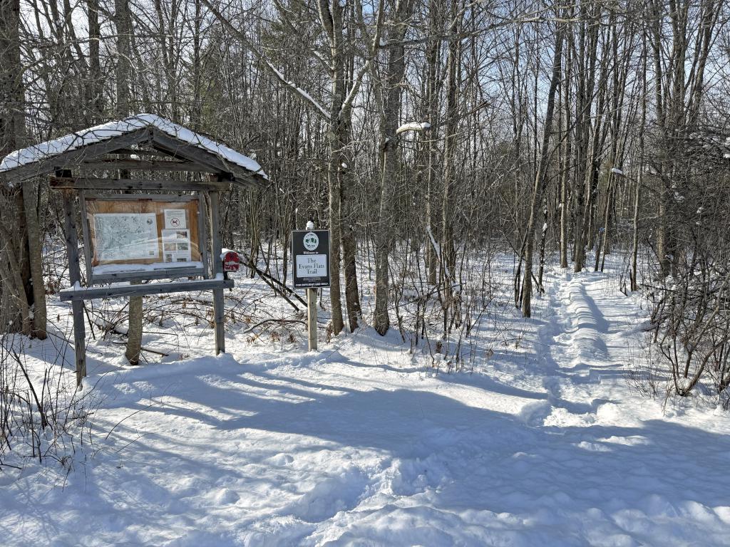 entrance in January to Evans Flats Trail near Peterborough in southern NH