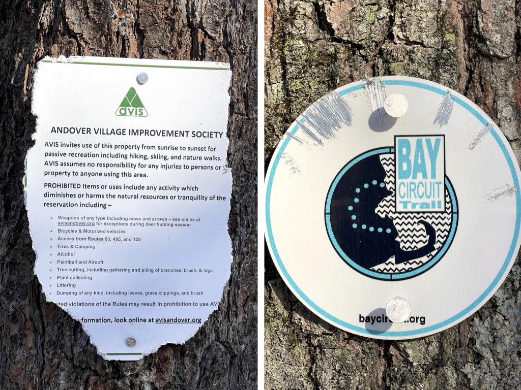 trail signs in January at Fish Brook Reservation in northeast MA