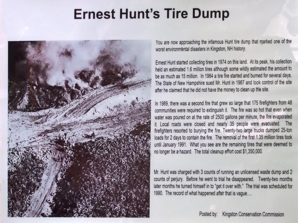 tire-fire plaque beside the trail at Frye Town Forest in Kingston, New Hampshire