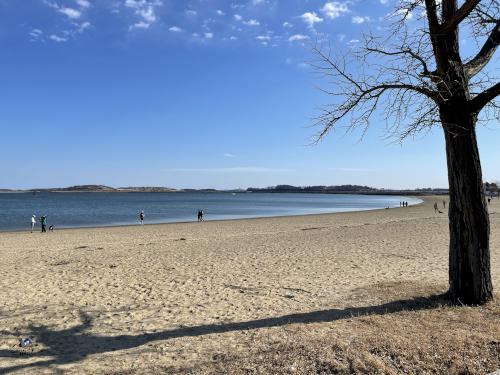 beach in February at Boston Harborwalk in Massachusetts