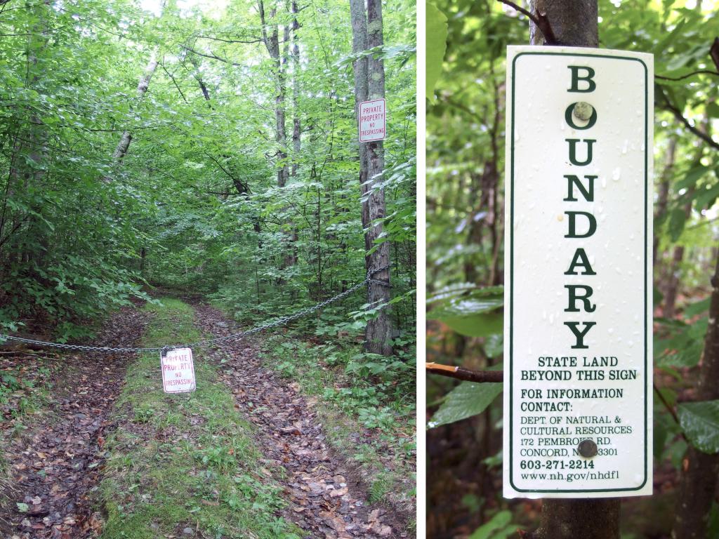 no trespassing and state land signs on the road to Hoyt Hill near Bristol in western New Hampshire