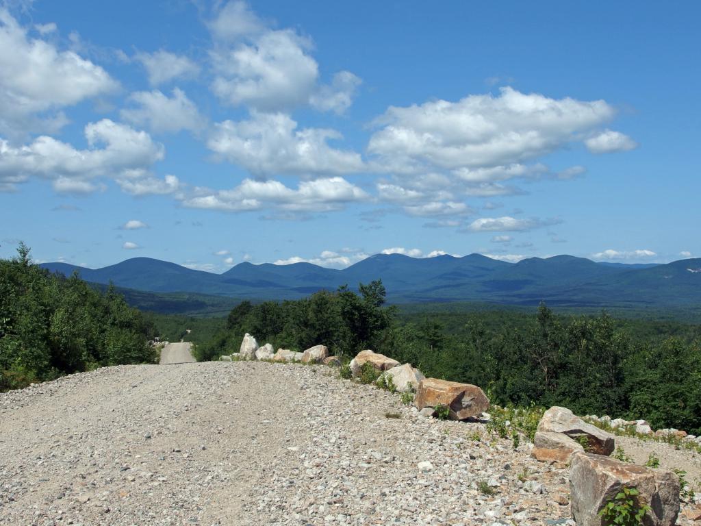 view west toward the Pliny and Pilot mountain ranges from the wind-turbine road on Jericho Mountain in northern New Hampshire