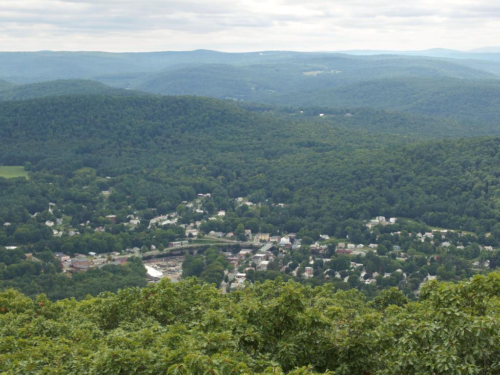 view of Shelburne Falls from the fire tower atop Massaemett Mountain in western Massachusetts