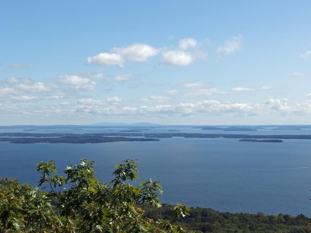 view east in September from Adam's Lookout on Mount Megunticook in Maine toward Penobscot Bay and distant Acadia