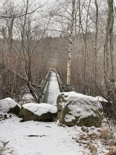 boardwalk entrance in January at Manchester-Essex Wilderness Conservation Area near Essex in northeast Massachusetts