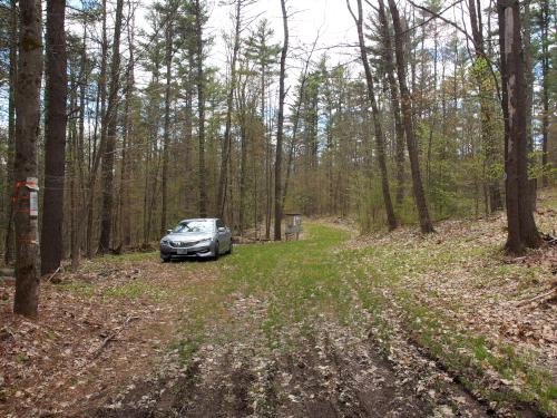 trailhead parking lot at Miriam Forest near Rindge in southern New Hampshire