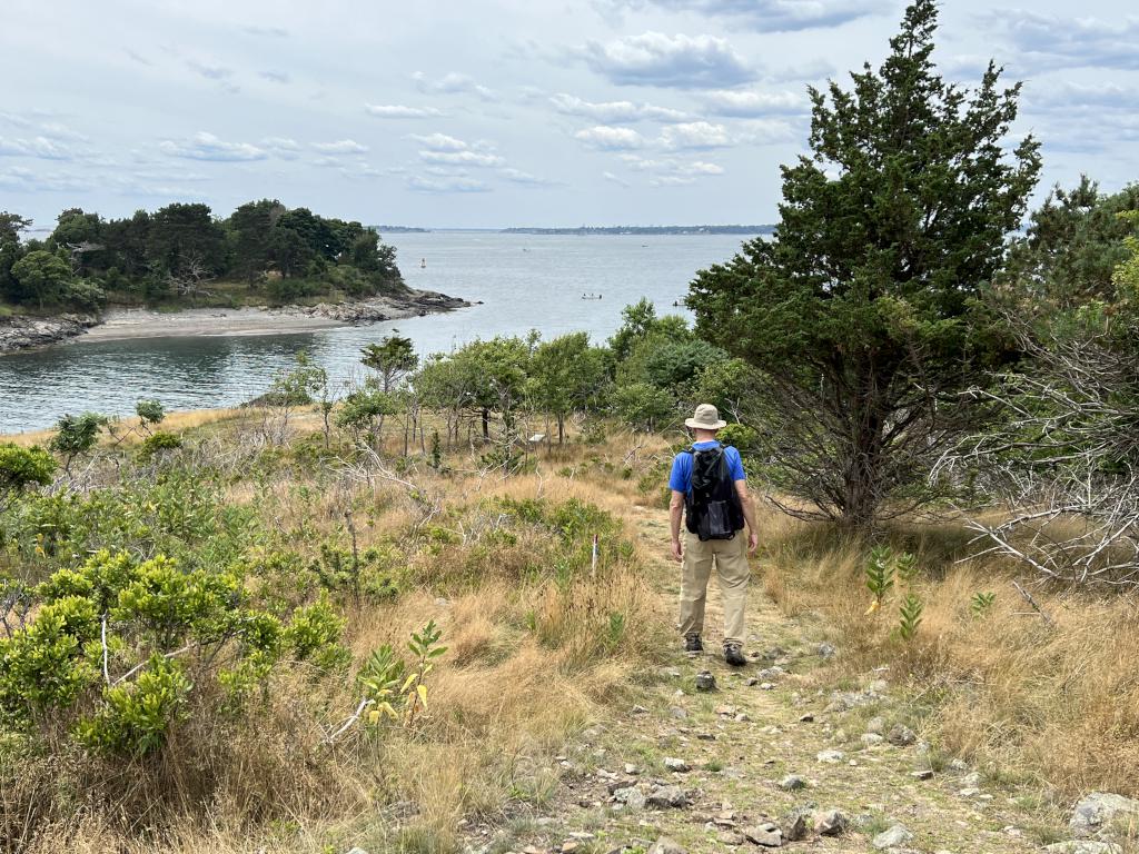 trail toward shore and Little Misery Island in July on Great Misery Island in northeast MA