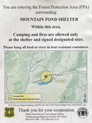 shelter map on a tree beside the Mountain Pond Loop trail in New Hampshire