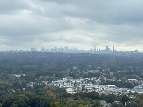 view in October of the Boston skyline from Little Prospect Hill near Waltham in northeast MA