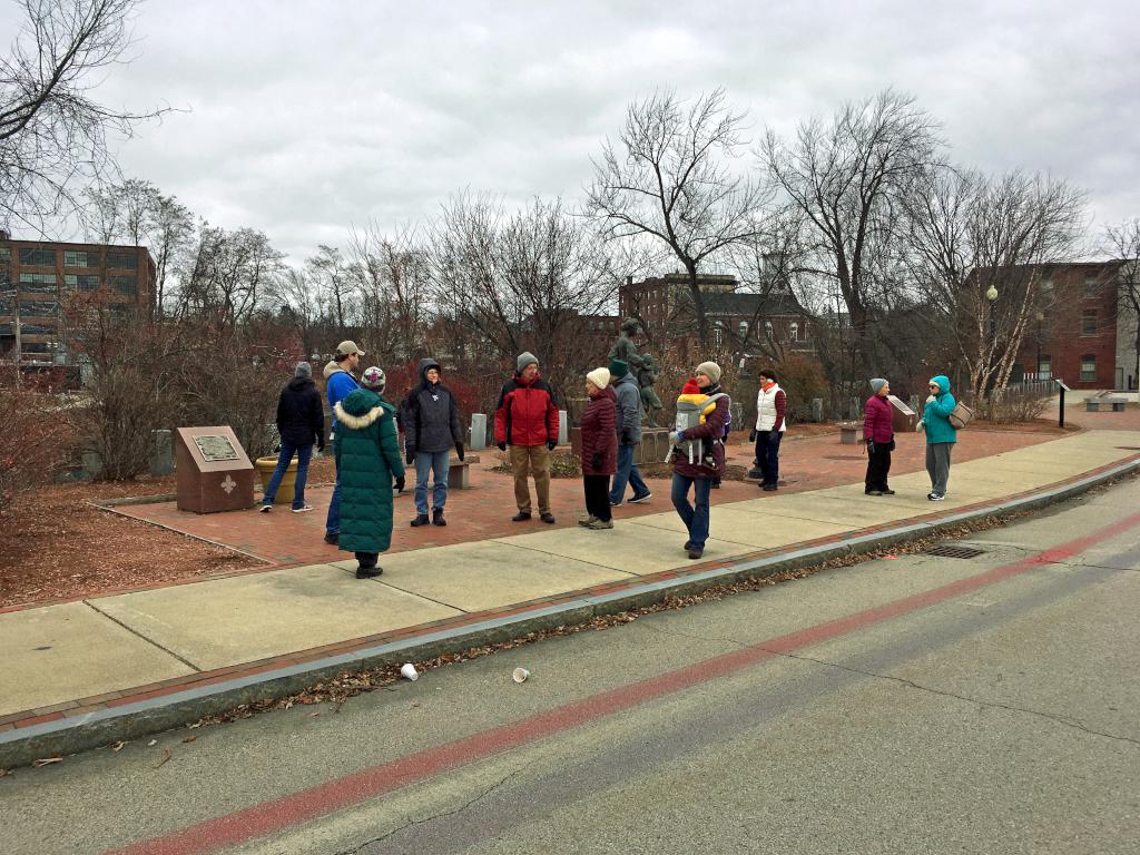 our group stops at the Le Parc de Notre Renaissance Francaise in December on the Nashua Riverwalk in New Hampshire