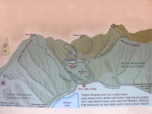 trailhead kiosk map depicting Three Ponds Loop (near Stinson Lake in New Hampshire)