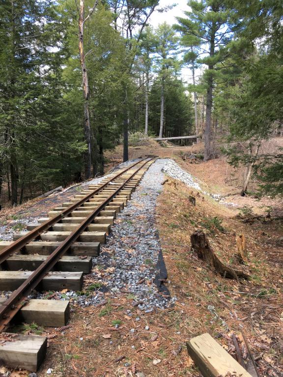 north end of the rebuilt track (so far) at Wiscasset Railroad in Maine