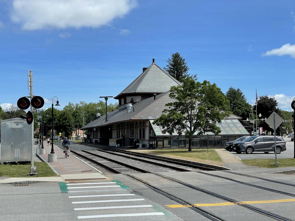 Laconia railroad station in June at WOW Rail Trail in central New Hampshire