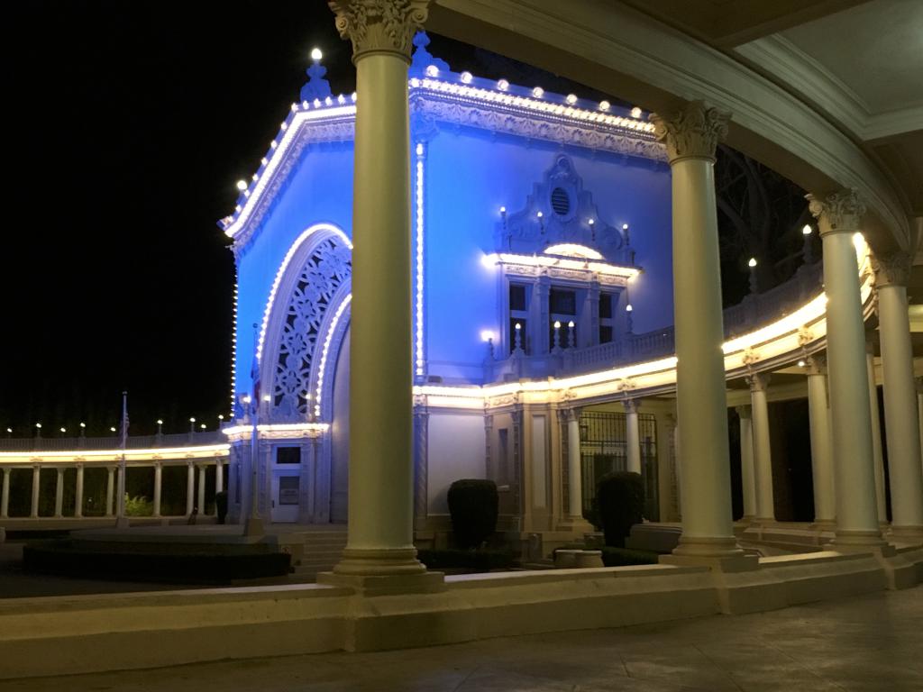 night view of Spreckels Organ Pavilion at Balboa Park in San Diego, California